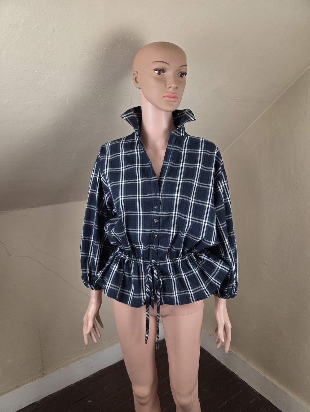 Cara Cara Plaid Cotton Peplum Blouse Size S Blue Green Check Button Front